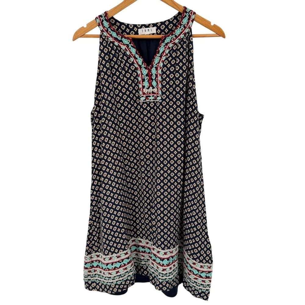 THML Womens XXL Tank Dress Sleeveless Blue Embroidered Boho Geometric Western